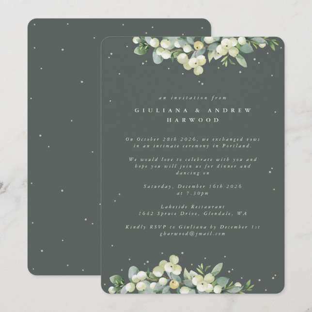Gray Green Snowberry+Eucalyptus Wedding Reception Invitation (Front/Back)