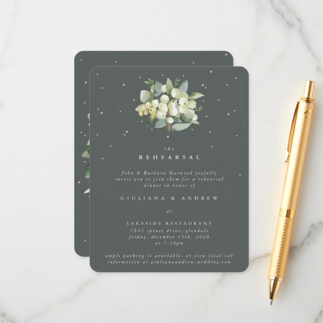 Gray Green Snowberry+Eucalyptus Wedding Rehearsal Enclosure Card (Front/Back In Situ)