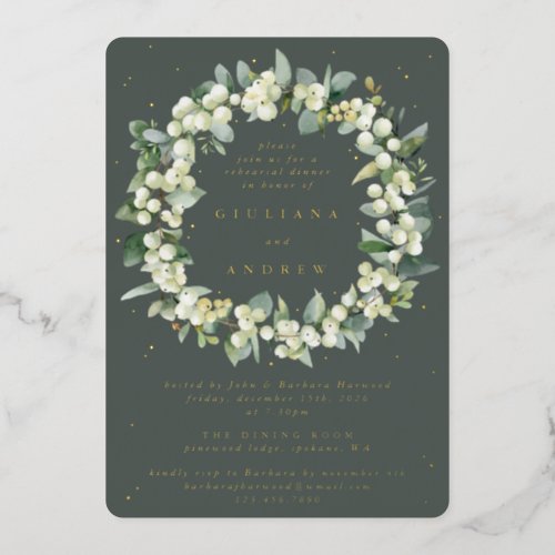 Gray Green SnowberryEucalyptus Wedding Rehearsal Foil Invitation