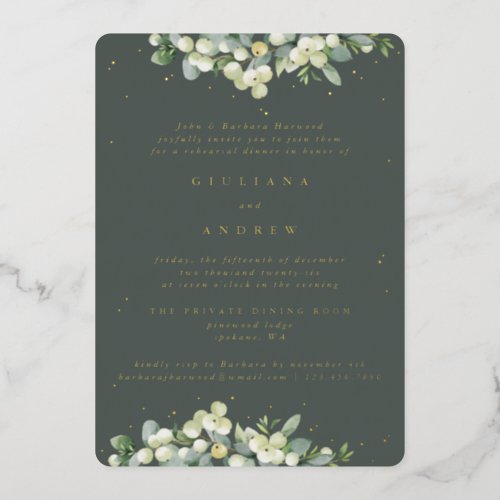 Gray Green SnowberryEucalyptus Wedding Rehearsal Foil Invitation