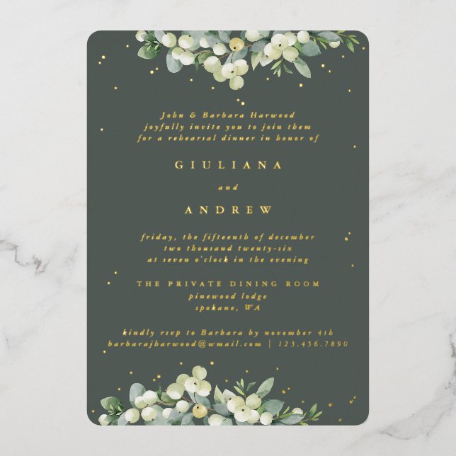 Gray Green Snowberry+Eucalyptus Wedding Rehearsal Foil Invitation (Front)