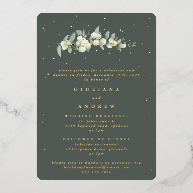 Gray Green Snowberry+Eucalyptus Wedding Rehearsal Foil Invitation (Front)