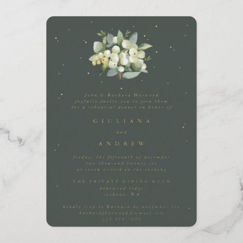 Gray Green SnowberryEucalyptus Wedding Rehearsal Foil Invitation