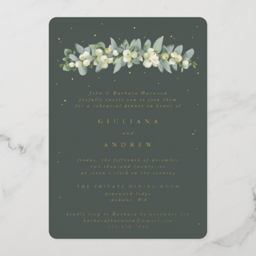 Gray Green SnowberryEucalyptus Wedding Rehearsal Foil Invitation