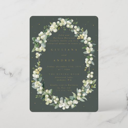 Gray Green SnowberryEucalyptus Wedding Rehearsal Foil Invitation