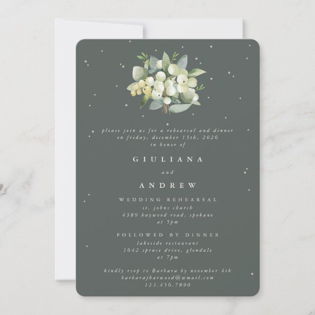 Gray Green Snowberry+Eucalyptus Wedding Rehearsal Invitation (Front)