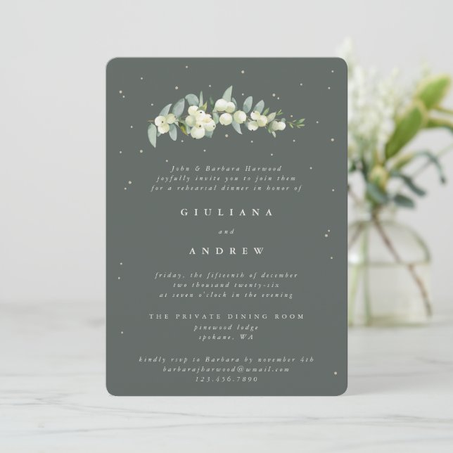 Gray Green Snowberry+Eucalyptus Wedding Rehearsal Invitation (Standing Front)