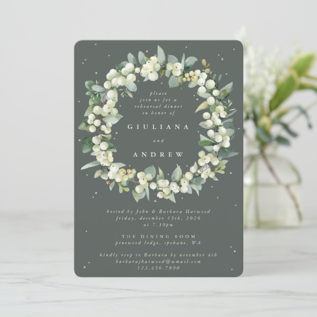 Gray Green Snowberry+Eucalyptus Wedding Rehearsal Invitation (Standing Front)
