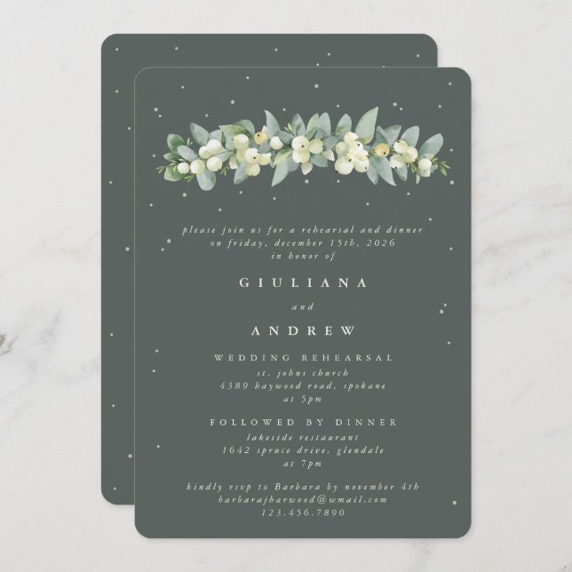 Gray Green Snowberry+Eucalyptus Wedding Rehearsal Invitation (Front/Back)