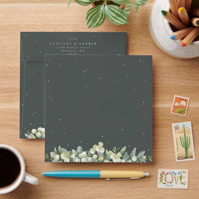 Gray Green Snowberry+Eucalyptus Wedding Square Envelope (Desk)