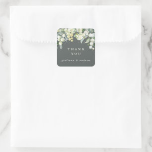 Gray Green Snowberry+Eucalyptus Wedding Thank You Square Sticker