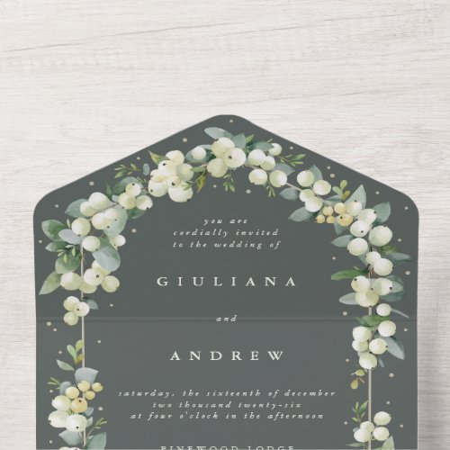 Gray Green SnowberryEucalyptus Winter Wedding All In One Invitation