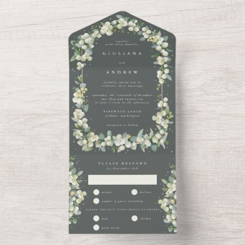 Gray Green SnowberryEucalyptus Winter Wedding All In One Invitation