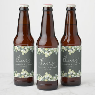 Gray-Green Snowberry+Eucalyptus Winter Wedding Beer Bottle Label