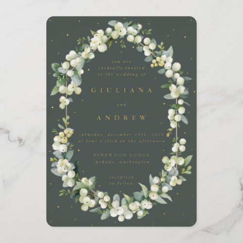 Gray Green SnowberryEucalyptus Winter Wedding Foil Invitation
