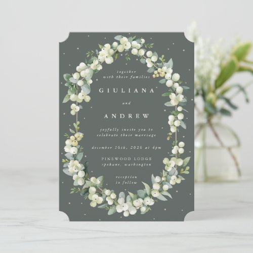 Gray Green SnowberryEucalyptus Winter Wedding Invitation