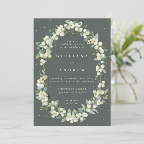 Gray Green SnowberryEucalyptus Winter Wedding Invitation