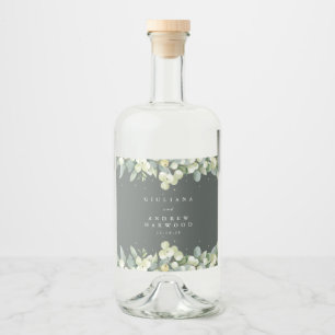 Gray Green Snowberry+Eucalyptus Winter Wedding Liquor Bottle Label