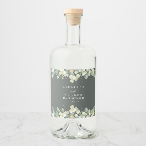 Gray Green SnowberryEucalyptus Winter Wedding Liquor Bottle Label