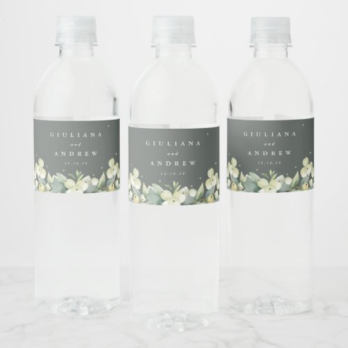 Gray_Green SnowberryEucalyptus Winter Wedding Water Bottle Label