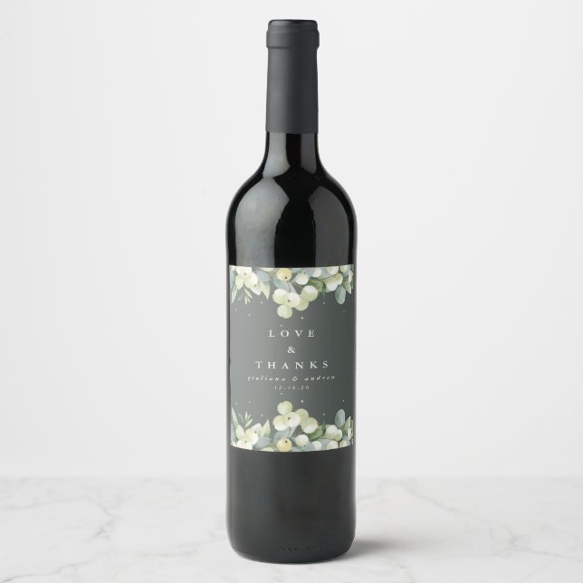 Gray-Green Snowberry+Eucalyptus Winter Wedding Wine Label (Front)