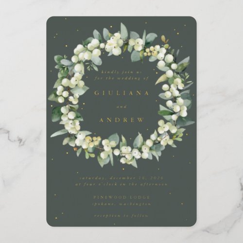 Gray Green SnowberryEucalyptus Wreath Wedding Foil Invitation