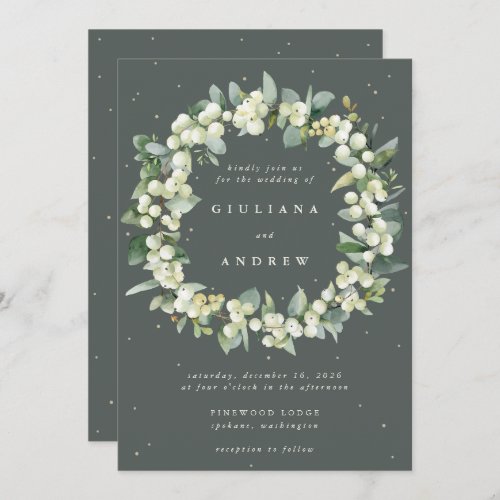 Gray Green SnowberryEucalyptus Wreath Wedding Invitation
