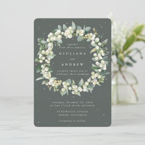 Gray Green SnowberryEucalyptus Wreath Wedding Invitation