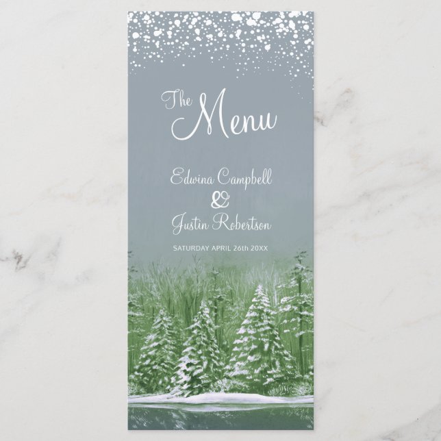 Gray green trees painted winter wedding menu (Front)