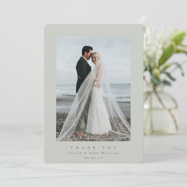 Gray-Green Ultra Minimal Single Photo Wedding Thank You Card (Standing Front)