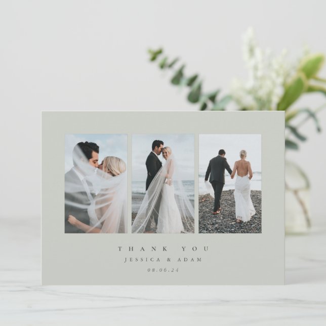 Gray-Green Ultra Minimal Triple Photo Wedding Flat Thank You Card (Standing Front)