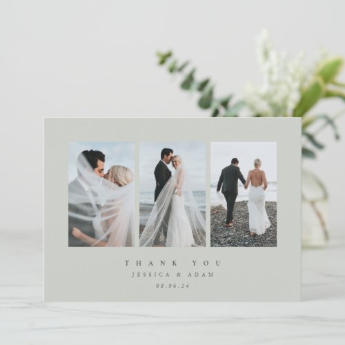 Gray_Green Ultra Minimal Triple Photo Wedding Flat Thank You Card
