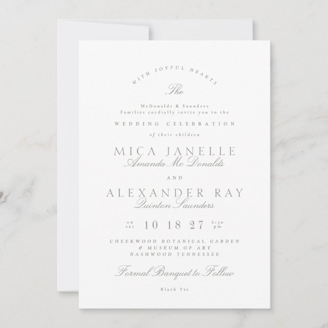 Gray Green White Classic Elegant Formal Wedding Invitation (Front)