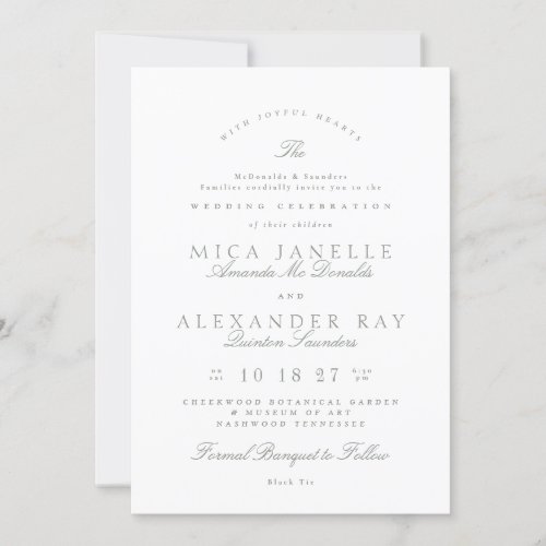 Gray Green White Classic Elegant Formal Wedding Invitation