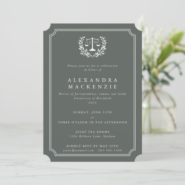 Gray-Green/White JD Law Scales + Laurel Wreath Invitation (Standing Front)