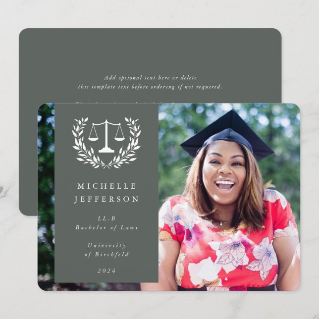 Gray-Green + White Law Scales Laurel Wreath Photo Announcement (Front/Back)