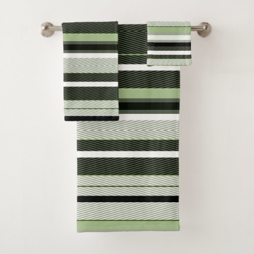 Gray green white stripes bath towel set