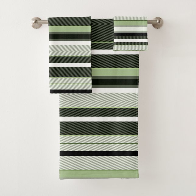 Gray, green, white stripes. bath towel set (Insitu)