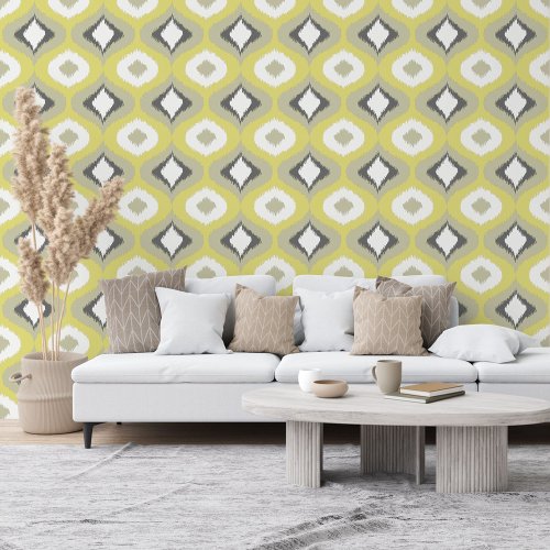 Gray Green Yellow Mustard White Ikat Pattern Wallpaper