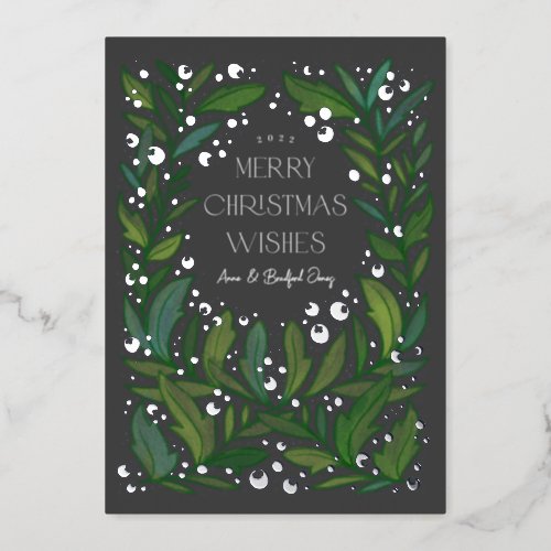 Gray Greenery Wreath Merry Christmas Foil Holiday Card