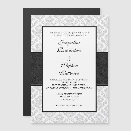 Gray Grey Black Damask Magnetic Wedding Invites