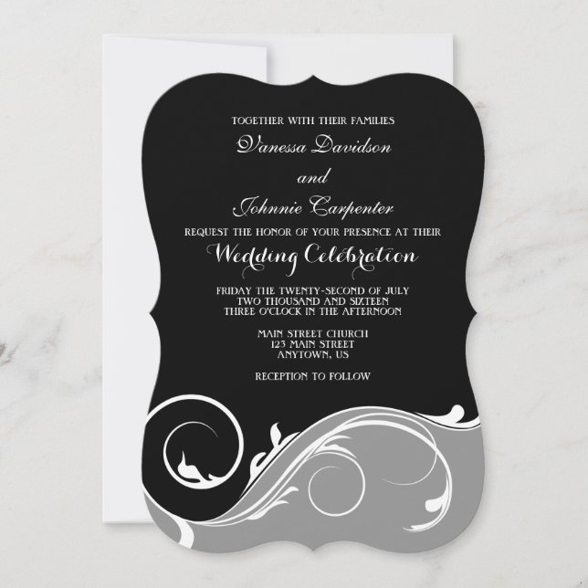 Gray Grey Black Swirl Bracket Wedding Invites (Front)