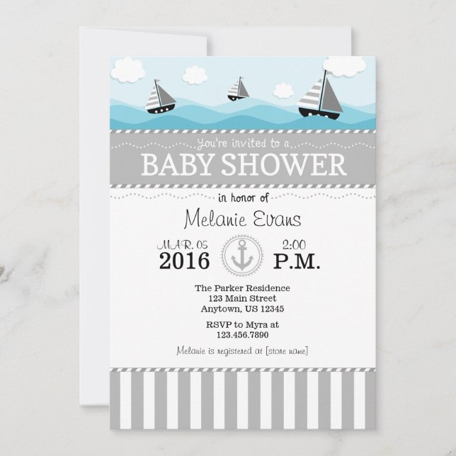 Gray Grey Blue Nautical Baby Shower Invitation (Front)