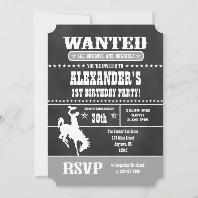Gray Grey Chalkboard Cowboy Birthday Invitation (Front)