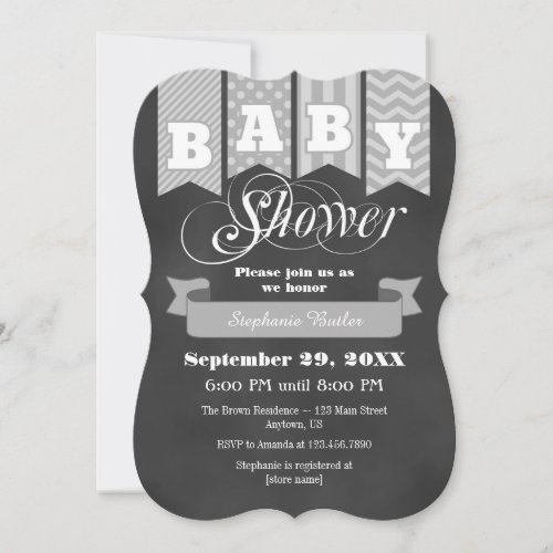 Gray Grey Chalkboard Flag Baby Shower Invite