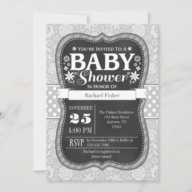 Gray Grey Chalkboard Floral Baby Shower Invite (Front)