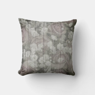 Gray Grey Country Chic Roses Throw Pillow