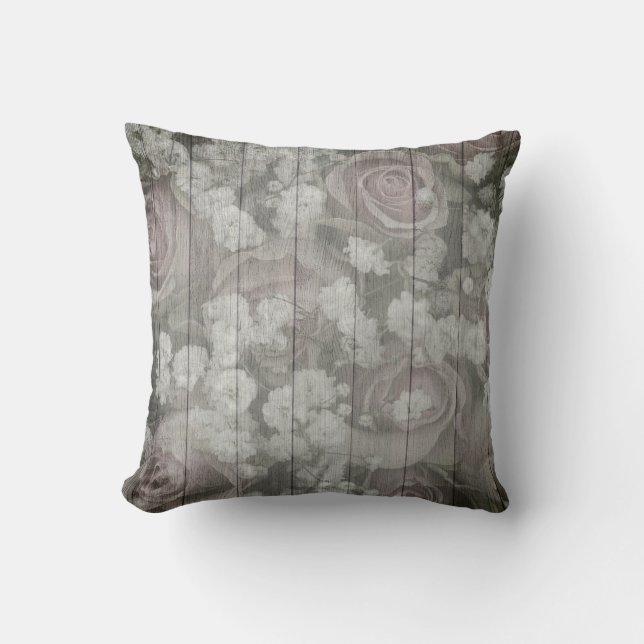 Gray Grey Country Chic Roses Throw Pillow (Front)