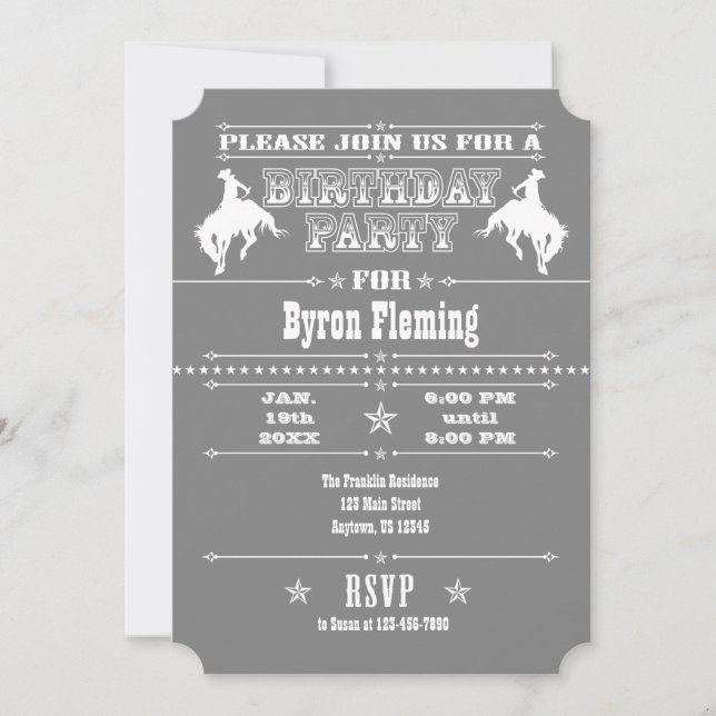 Gray Grey Cowboy Rodeo Birthday Party Invitation (Front)