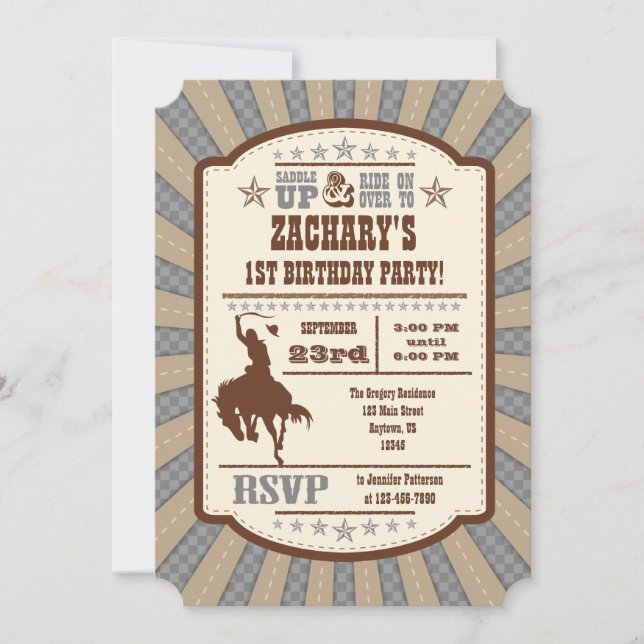 Gray Grey Cowboy Rodeo Birthday Party Invitation (Front)
